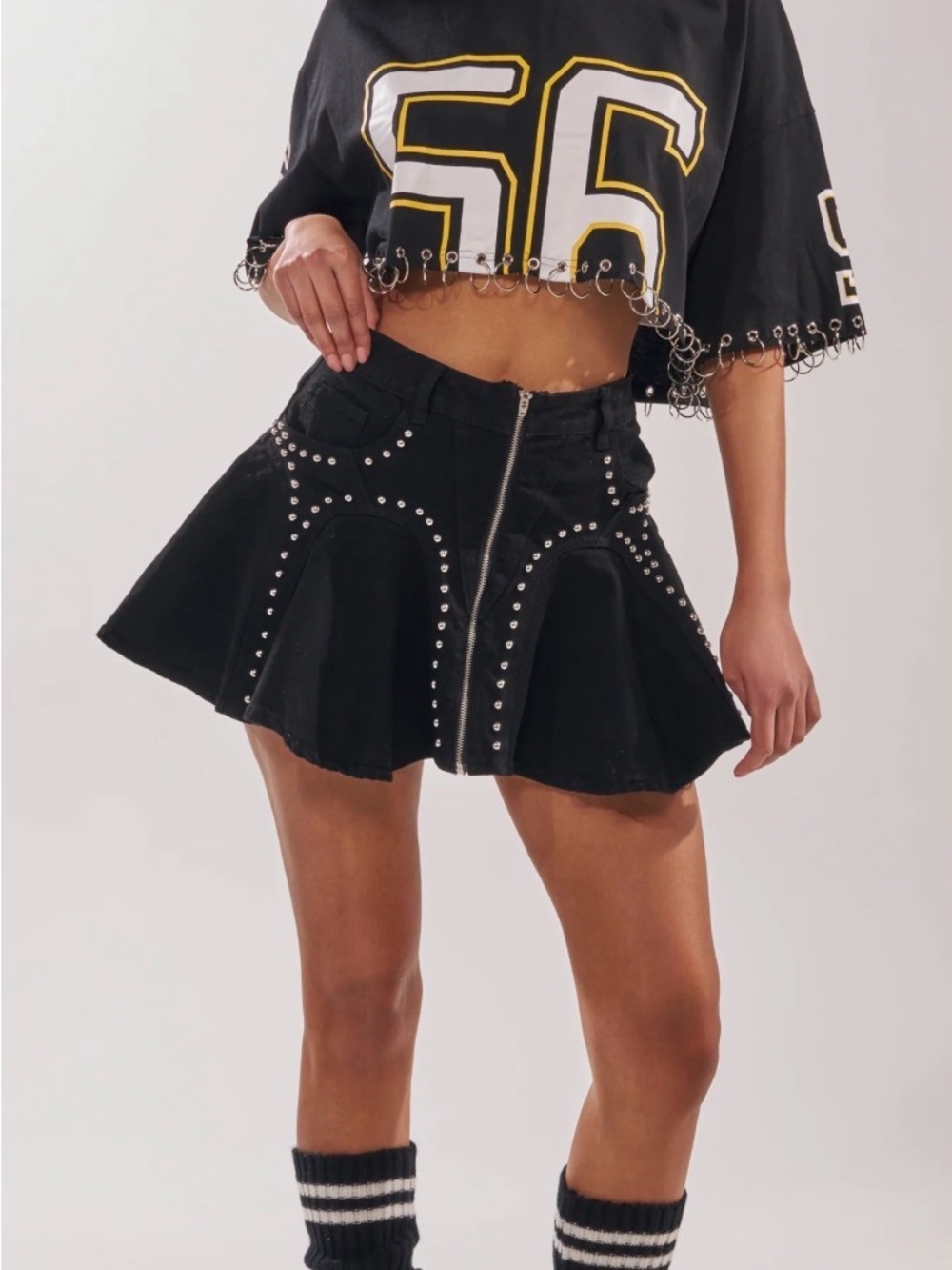 Black Studded Flared Mini Skirt with Front Zip